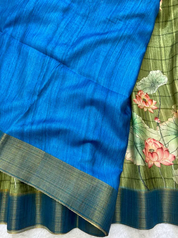 Avanti_Green_–_Regal_Navratri_Special_|_Soft_Tussar_Silk_Saree_with_Print,_Border_&_Contrast_Print_Blouse_with_Tassels