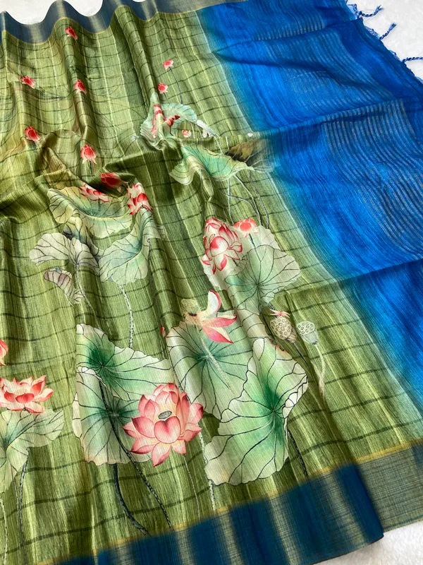 Avanti_Green_–_Regal_Navratri_Special_|_Soft_Tussar_Silk_Saree_with_Print,_Border_&_Contrast_Print_Blouse_with_Tassels
