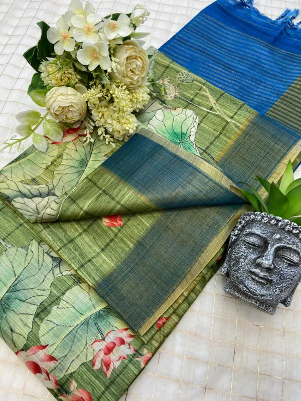 Avanti_Green_–_Regal_Navratri_Special_|_Soft_Tussar_Silk_Saree_with_Print,_Border_&_Contrast_Print_Blouse_with_Tassels