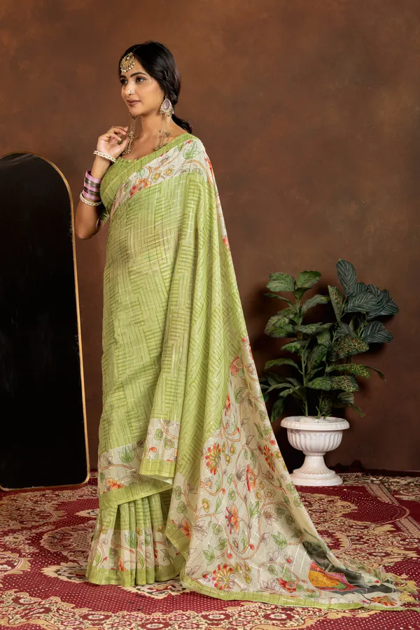 Chandrika_Green_–_Moonlit_Navratri_Special_|_Soft_Semi_Tussar_Silk_Saree_with_Digital_Print,_Border_&_Contrast_Print_Blouse_with_Tassels