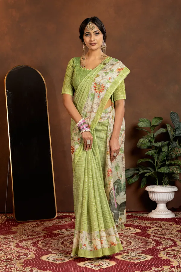 Chandrika_Green_–_Moonlit_Navratri_Special_|_Soft_Semi_Tussar_Silk_Saree_with_Digital_Print,_Border_&_Contrast_Print_Blouse_with_Tassels
