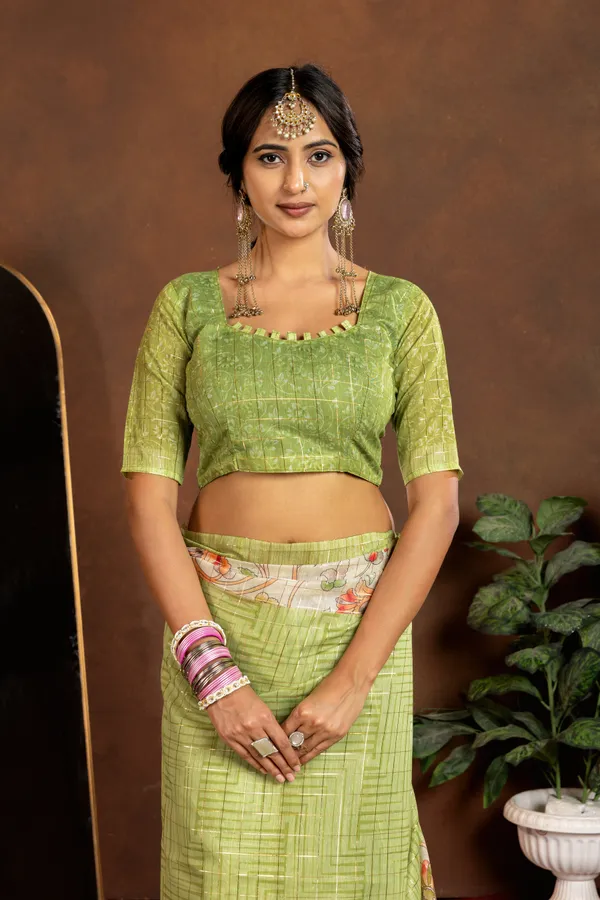 Chandrika_Green_–_Moonlit_Navratri_Special_|_Soft_Semi_Tussar_Silk_Saree_with_Digital_Print,_Border_&_Contrast_Print_Blouse_with_Tassels
