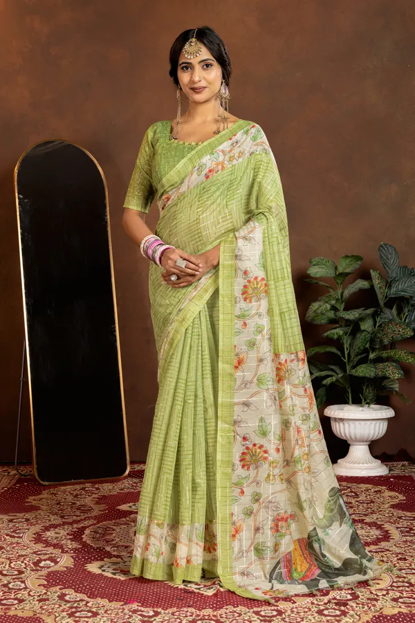 Chandrika_Green_–_Moonlit_Navratri_Special_|_Soft_Semi_Tussar_Silk_Saree_with_Digital_Print,_Border_&_Contrast_Print_Blouse_with_Tassels