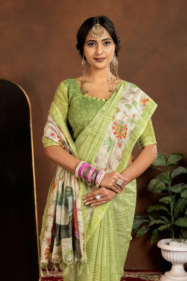 Chandrika_Green_–_Moonlit_Navratri_Special_|_Soft_Semi_Tussar_Silk_Saree_with_Digital_Print,_Border_&_Contrast_Print_Blouse_with_Tassels