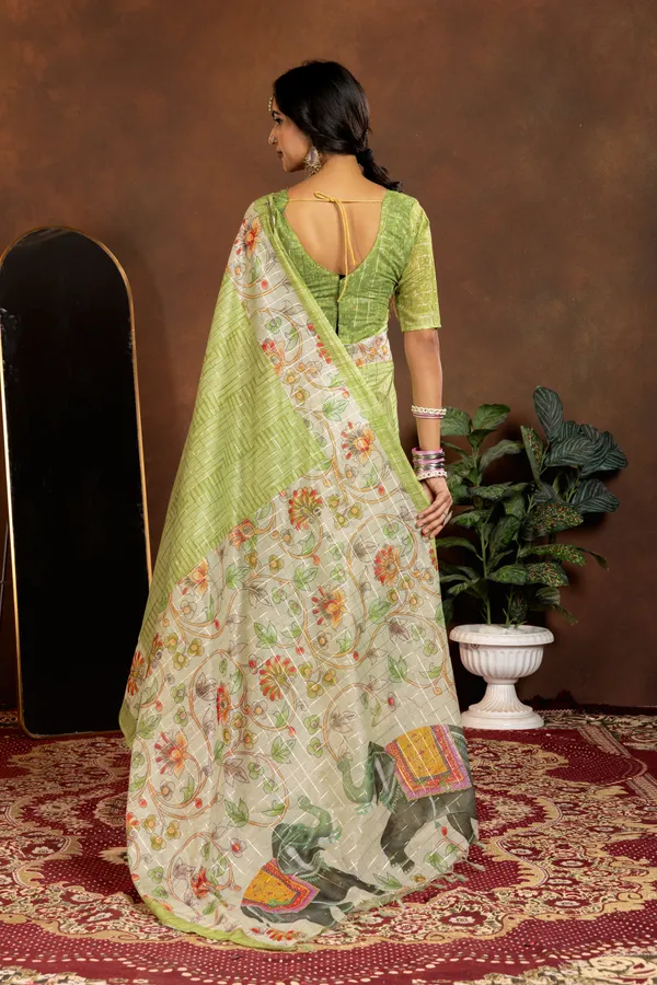 Chandrika_Green_–_Moonlit_Navratri_Special_|_Soft_Semi_Tussar_Silk_Saree_with_Digital_Print,_Border_&_Contrast_Print_Blouse_with_Tassels