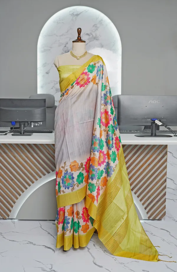 Soft_Tussar_Silk_sarees_with_Beautiful_Digital_Print_With_Attractive_Border_And_Contrast_Print_Blouse_With_Tassels