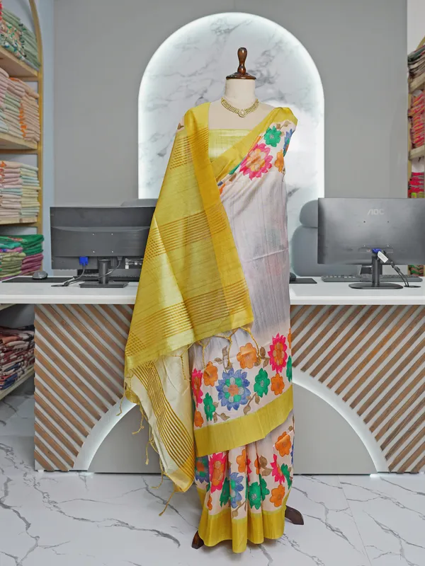 Soft_Tussar_Silk_sarees_with_Beautiful_Digital_Print_With_Attractive_Border_And_Contrast_Print_Blouse_With_Tassels