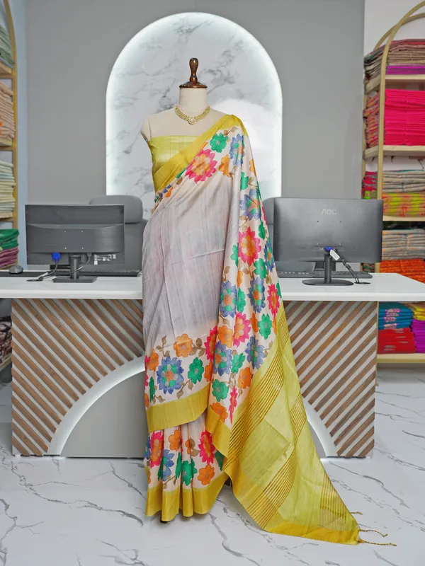 Soft_Tussar_Silk_sarees_with_Beautiful_Digital_Print_With_Attractive_Border_And_Contrast_Print_Blouse_With_Tassels