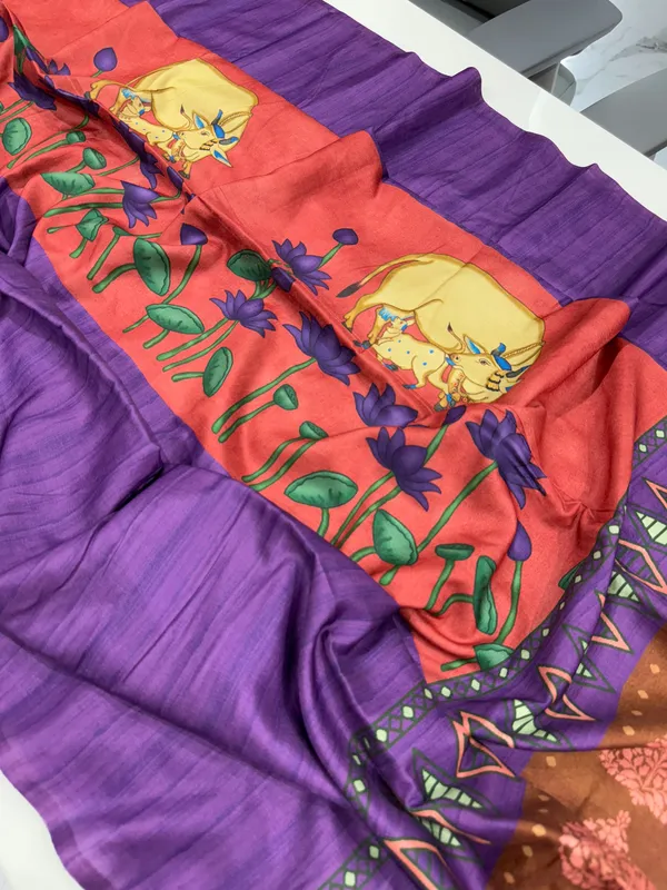 Cow_Violet_–_Cow_Motif_Navratri_Special_|_Soft_Desi_Tussar_Silk_Saree_with_Digital_Print,_Border_&_Contrast_Print_Blouse_with_Tassels