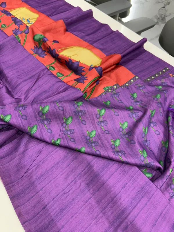 Cow_Violet_–_Cow_Motif_Navratri_Special_|_Soft_Desi_Tussar_Silk_Saree_with_Digital_Print,_Border_&_Contrast_Print_Blouse_with_Tassels