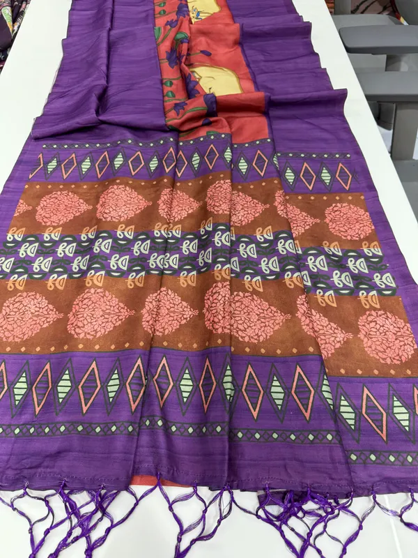 Cow_Violet_–_Cow_Motif_Navratri_Special_|_Soft_Desi_Tussar_Silk_Saree_with_Digital_Print,_Border_&_Contrast_Print_Blouse_with_Tassels