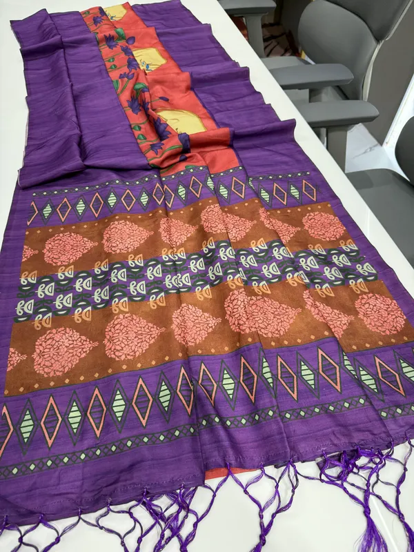 Cow_Violet_–_Cow_Motif_Navratri_Special_|_Soft_Desi_Tussar_Silk_Saree_with_Digital_Print,_Border_&_Contrast_Print_Blouse_with_Tassels