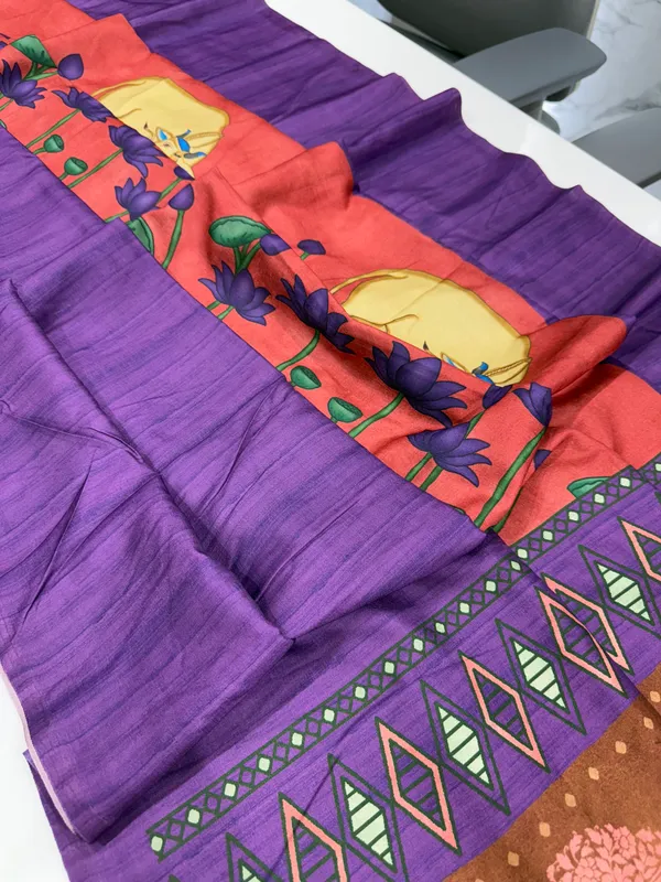 Cow_Violet_–_Cow_Motif_Navratri_Special_|_Soft_Desi_Tussar_Silk_Saree_with_Digital_Print,_Border_&_Contrast_Print_Blouse_with_Tassels