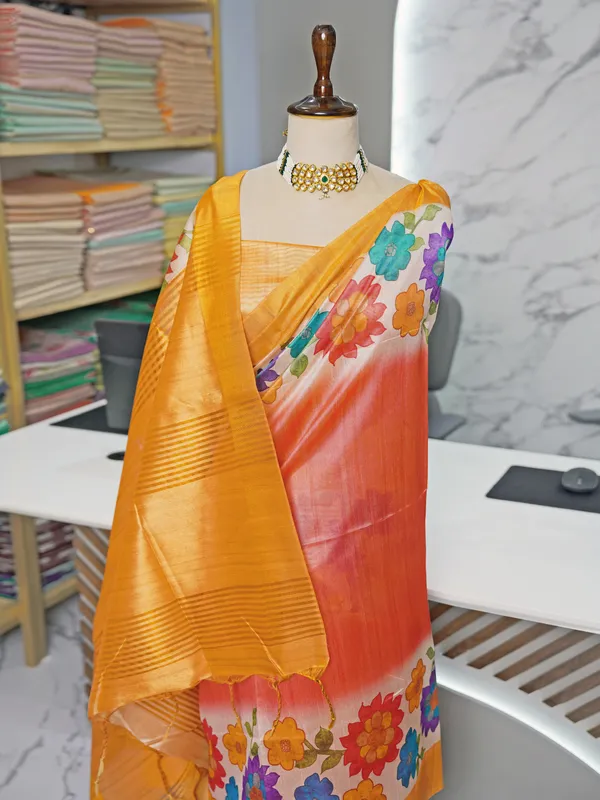 Soft_Tussar_Silk_sarees_with_Beautiful_Digital_Print_With_Attractive_Border_And_Contrast_Print_Blouse_With_Tassels