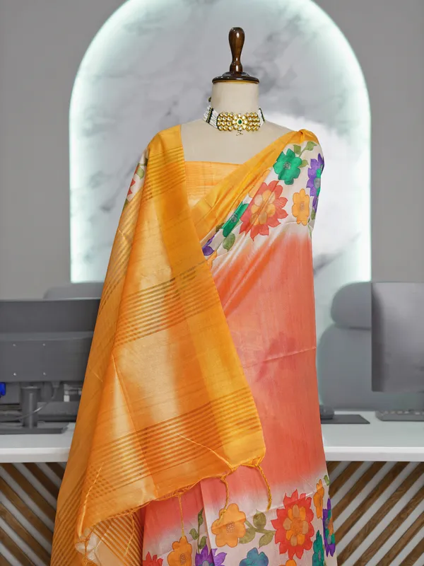 Soft_Tussar_Silk_sarees_with_Beautiful_Digital_Print_With_Attractive_Border_And_Contrast_Print_Blouse_With_Tassels