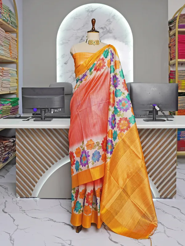 Soft_Tussar_Silk_sarees_with_Beautiful_Digital_Print_With_Attractive_Border_And_Contrast_Print_Blouse_With_Tassels