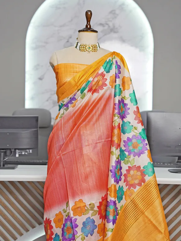 Soft_Tussar_Silk_sarees_with_Beautiful_Digital_Print_With_Attractive_Border_And_Contrast_Print_Blouse_With_Tassels