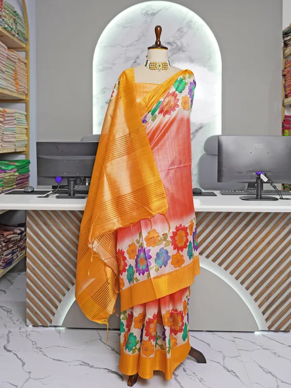 Soft_Tussar_Silk_sarees_with_Beautiful_Digital_Print_With_Attractive_Border_And_Contrast_Print_Blouse_With_Tassels