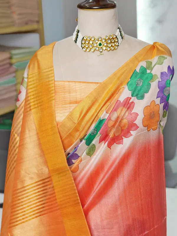 Soft_Tussar_Silk_sarees_with_Beautiful_Digital_Print_With_Attractive_Border_And_Contrast_Print_Blouse_With_Tassels