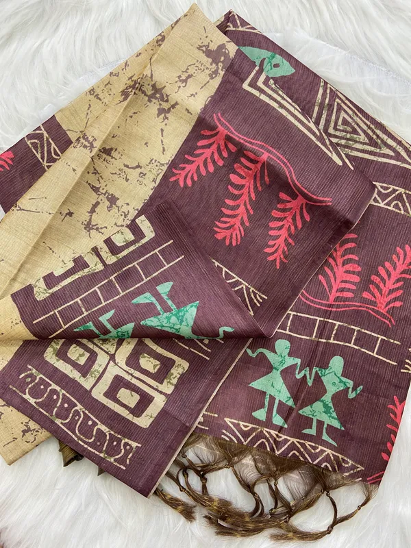 Rangana_Wine_–_Colourful_Diwali_Special_|_Soft_Tussar_Silk_Saree_with_Digital_Print,_Zari_Line_All-over_Saree_&_Digital_Print_Blouse_with_Tassels