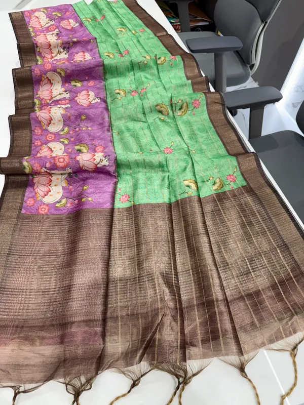 Soft_Semi_Tussar_Silk_sarees_with_Beautiful_Digital_Print_With_Attractive_Border_And_Contrast_Print_Blouse_With_Tassels