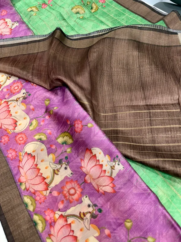Soft_Semi_Tussar_Silk_sarees_with_Beautiful_Digital_Print_With_Attractive_Border_And_Contrast_Print_Blouse_With_Tassels