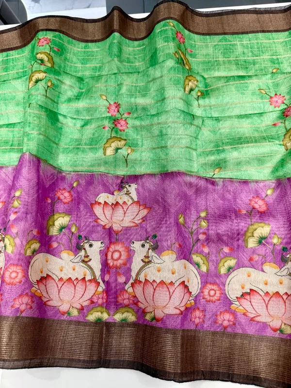 Soft_Semi_Tussar_Silk_sarees_with_Beautiful_Digital_Print_With_Attractive_Border_And_Contrast_Print_Blouse_With_Tassels