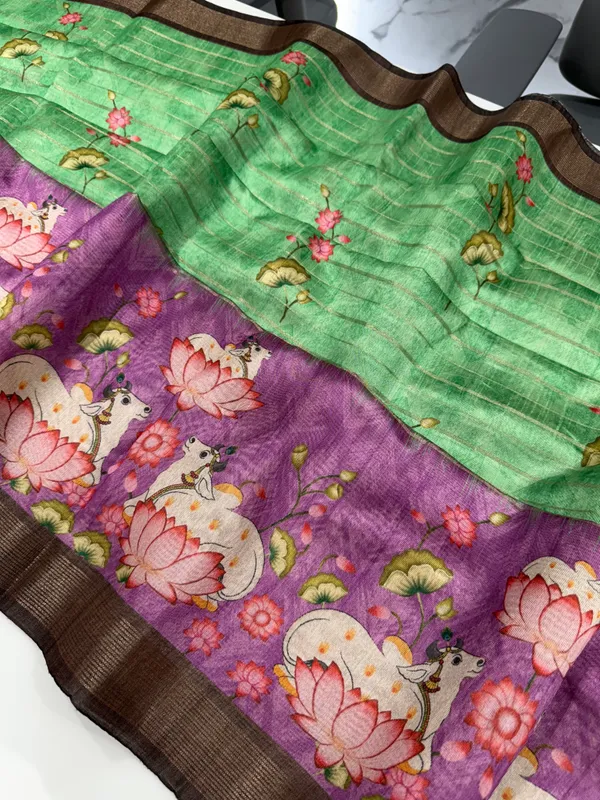 Soft_Semi_Tussar_Silk_sarees_with_Beautiful_Digital_Print_With_Attractive_Border_And_Contrast_Print_Blouse_With_Tassels