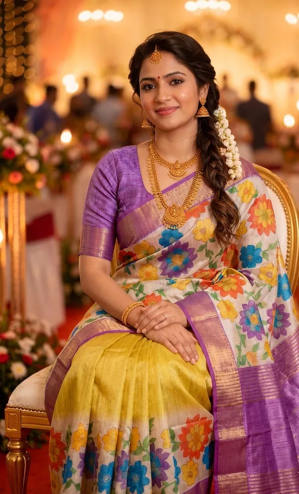Aashvika_Parrot_Green_–_Navratri_Special_|_Soft_Tussar_Silk_Saree_with_Digital_Print,_Border_&_Contrast_Print_Blouse_with_Tassels