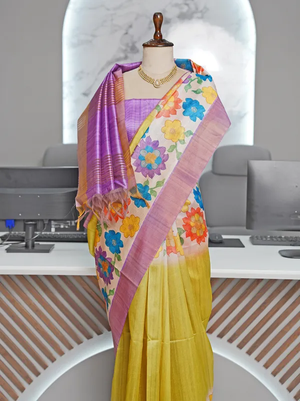 Aashvika_Parrot_Green_–_Navratri_Special_|_Soft_Tussar_Silk_Saree_with_Digital_Print,_Border_&_Contrast_Print_Blouse_with_Tassels