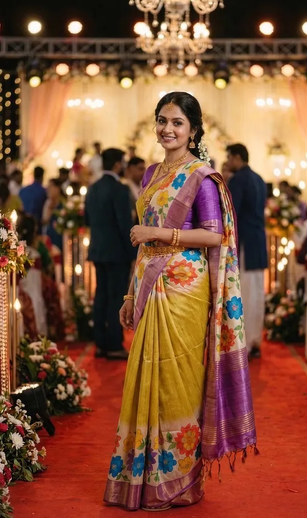 Aashvika_Parrot_Green_–_Navratri_Special_|_Soft_Tussar_Silk_Saree_with_Digital_Print,_Border_&_Contrast_Print_Blouse_with_Tassels