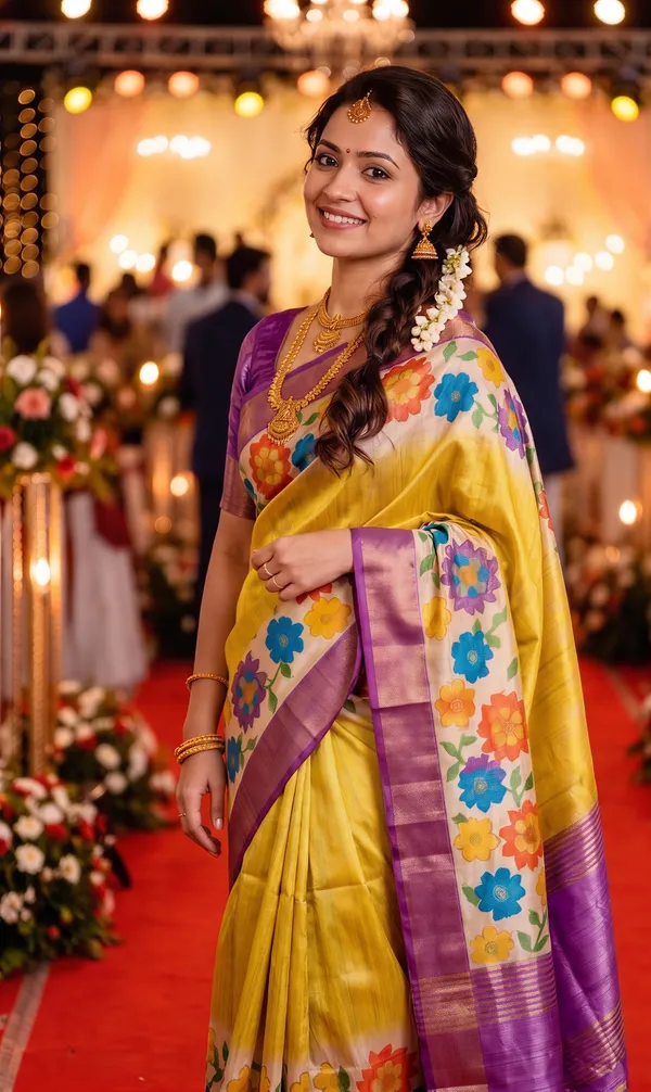 Aashvika_Parrot_Green_–_Navratri_Special_|_Soft_Tussar_Silk_Saree_with_Digital_Print,_Border_&_Contrast_Print_Blouse_with_Tassels