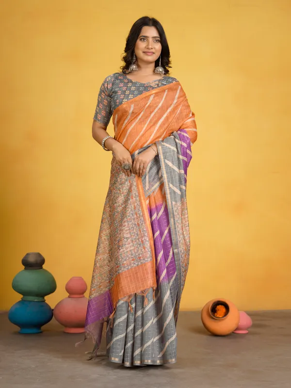 Jemisha_Grey_&_Orange_–_Aesthetic_Edit_for_You_|_Soft_Semi_Tussar_Silk_Saree_with_Digital_Print,_Border_&_Contrast_Print_Blouse_with_Tassels