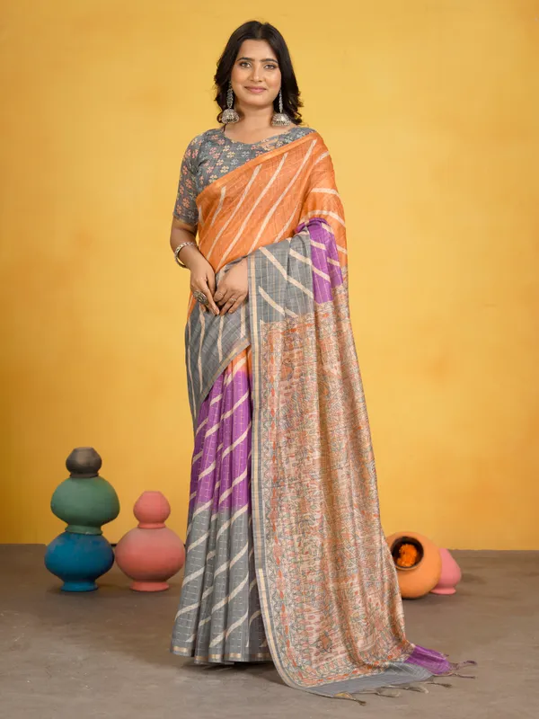 Jemisha_Grey_&_Orange_–_Aesthetic_Edit_for_You_|_Soft_Semi_Tussar_Silk_Saree_with_Digital_Print,_Border_&_Contrast_Print_Blouse_with_Tassels