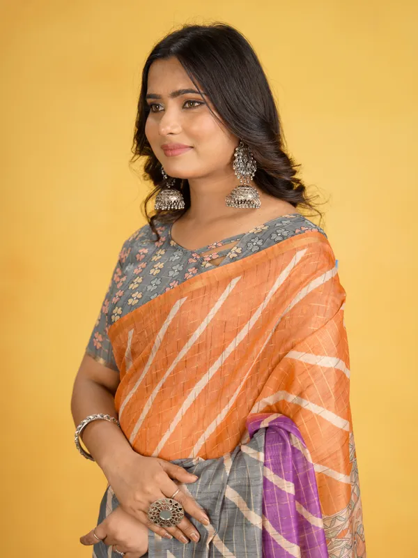 Jemisha_Grey_&_Orange_–_Aesthetic_Edit_for_You_|_Soft_Semi_Tussar_Silk_Saree_with_Digital_Print,_Border_&_Contrast_Print_Blouse_with_Tassels