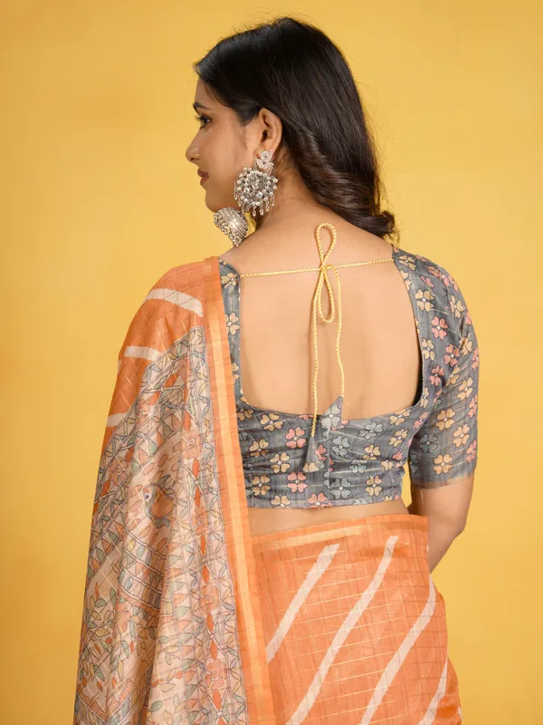 Jemisha_Grey_&_Orange_–_Aesthetic_Edit_for_You_|_Soft_Semi_Tussar_Silk_Saree_with_Digital_Print,_Border_&_Contrast_Print_Blouse_with_Tassels
