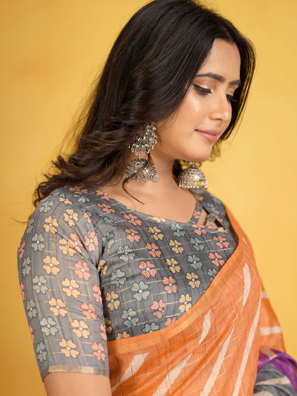 Jemisha_Grey_&_Orange_–_Aesthetic_Edit_for_You_|_Soft_Semi_Tussar_Silk_Saree_with_Digital_Print,_Border_&_Contrast_Print_Blouse_with_Tassels
