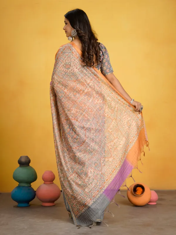 Jemisha_Grey_&_Orange_–_Aesthetic_Edit_for_You_|_Soft_Semi_Tussar_Silk_Saree_with_Digital_Print,_Border_&_Contrast_Print_Blouse_with_Tassels