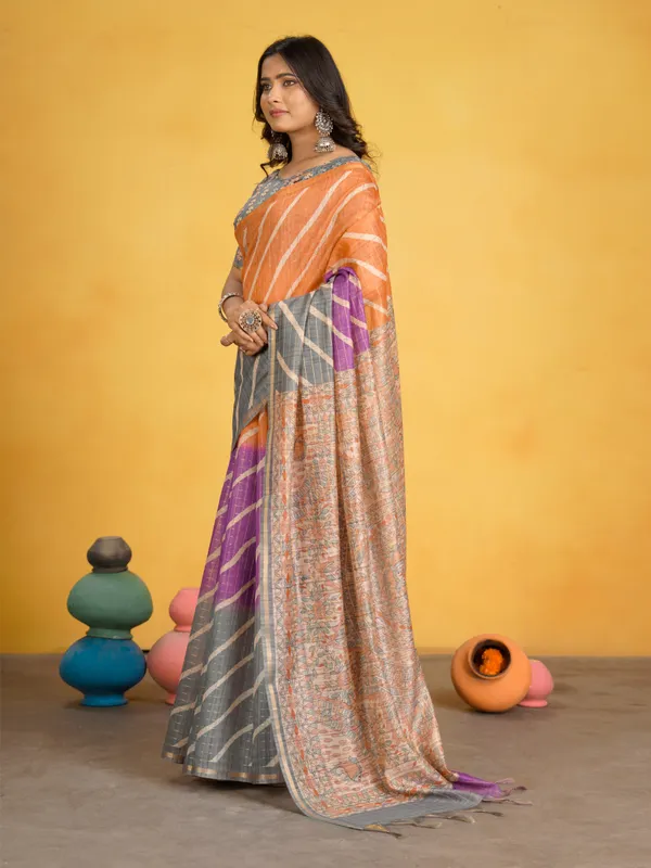 Jemisha_Grey_&_Orange_–_Aesthetic_Edit_for_You_|_Soft_Semi_Tussar_Silk_Saree_with_Digital_Print,_Border_&_Contrast_Print_Blouse_with_Tassels