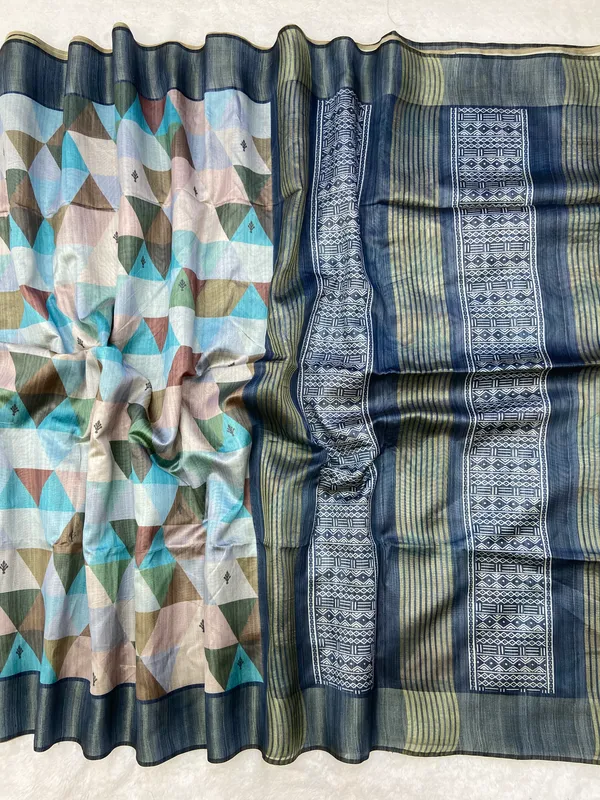 Soft_Tussar_Silk_sarees_with_Beautiful_Print_With_Attractive_Border_And_Contrast_Print_Blouse_With_Tassels