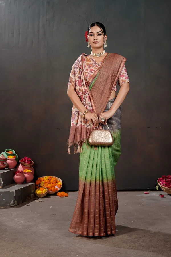 Soft_Semi_Tussar_Silk_sarees_with_Beautiful_Digital_Print_With_Attractive_Border_And_Contrast_Print_Blouse_With_Tassels