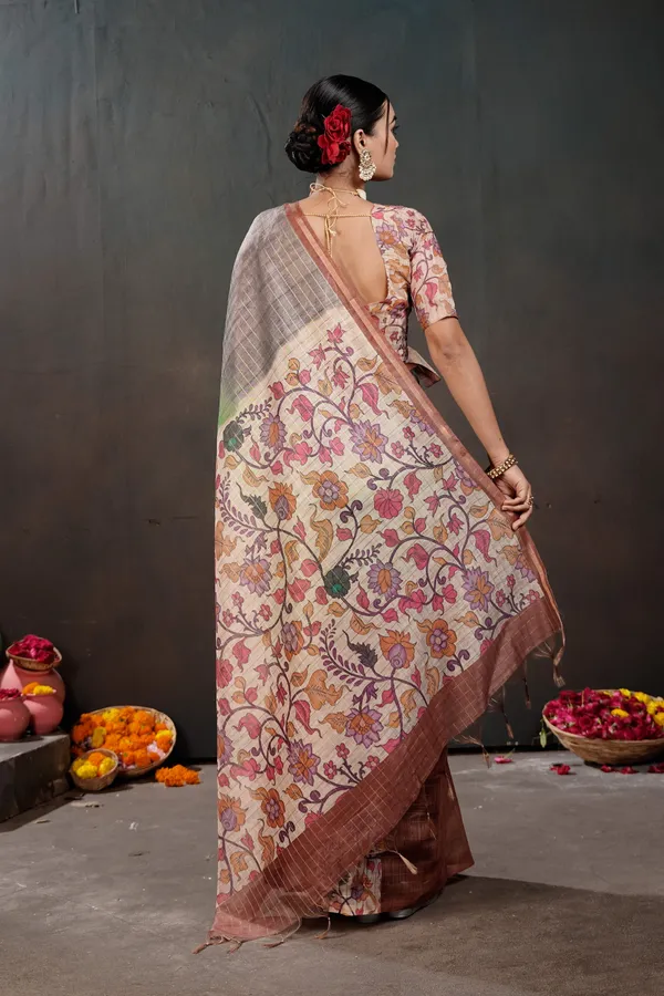 Soft_Semi_Tussar_Silk_sarees_with_Beautiful_Digital_Print_With_Attractive_Border_And_Contrast_Print_Blouse_With_Tassels