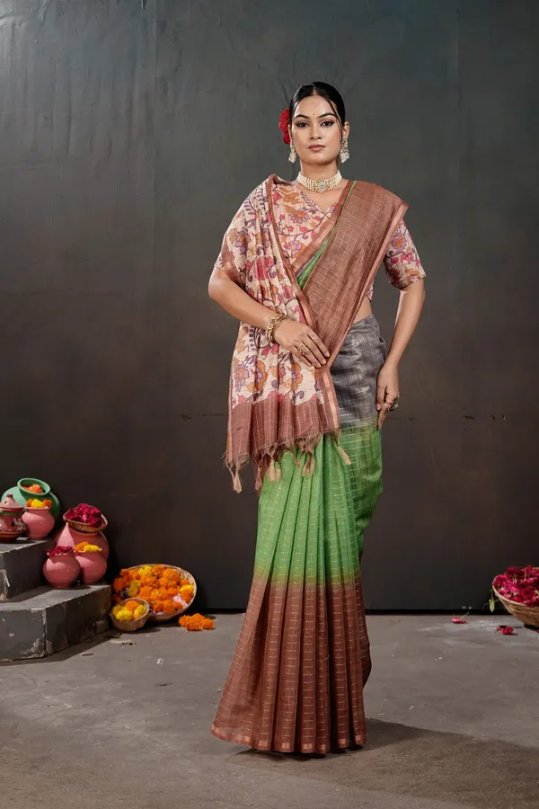 Soft_Semi_Tussar_Silk_sarees_with_Beautiful_Digital_Print_With_Attractive_Border_And_Contrast_Print_Blouse_With_Tassels