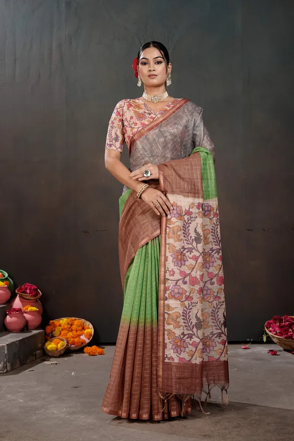 Soft_Semi_Tussar_Silk_sarees_with_Beautiful_Digital_Print_With_Attractive_Border_And_Contrast_Print_Blouse_With_Tassels