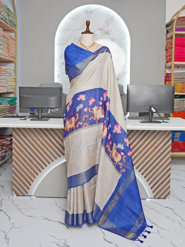 Soft_Tussar_Silk_sarees_with_Beautiful_Digital_Print_With_Attractive_Checks_Design_Saree_And_Digital_Print_Blouse_With_Tassels