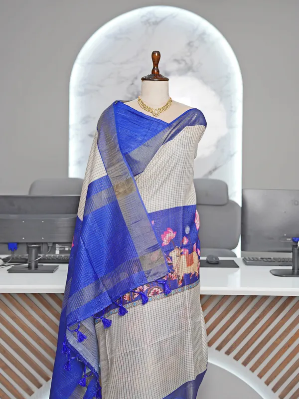 Soft_Tussar_Silk_sarees_with_Beautiful_Digital_Print_With_Attractive_Checks_Design_Saree_And_Digital_Print_Blouse_With_Tassels