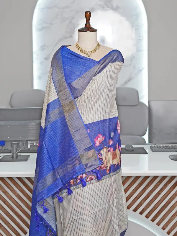 Soft_Tussar_Silk_sarees_with_Beautiful_Digital_Print_With_Attractive_Checks_Design_Saree_And_Digital_Print_Blouse_With_Tassels