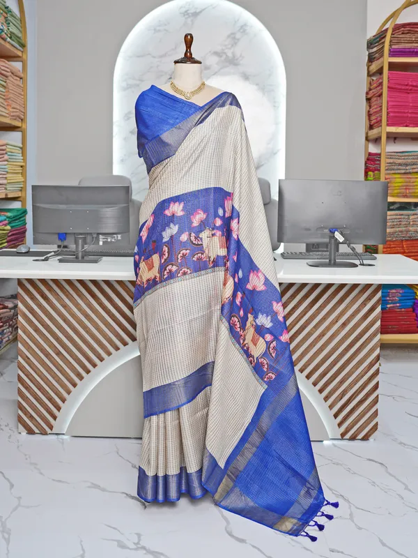 Soft_Tussar_Silk_sarees_with_Beautiful_Digital_Print_With_Attractive_Checks_Design_Saree_And_Digital_Print_Blouse_With_Tassels
