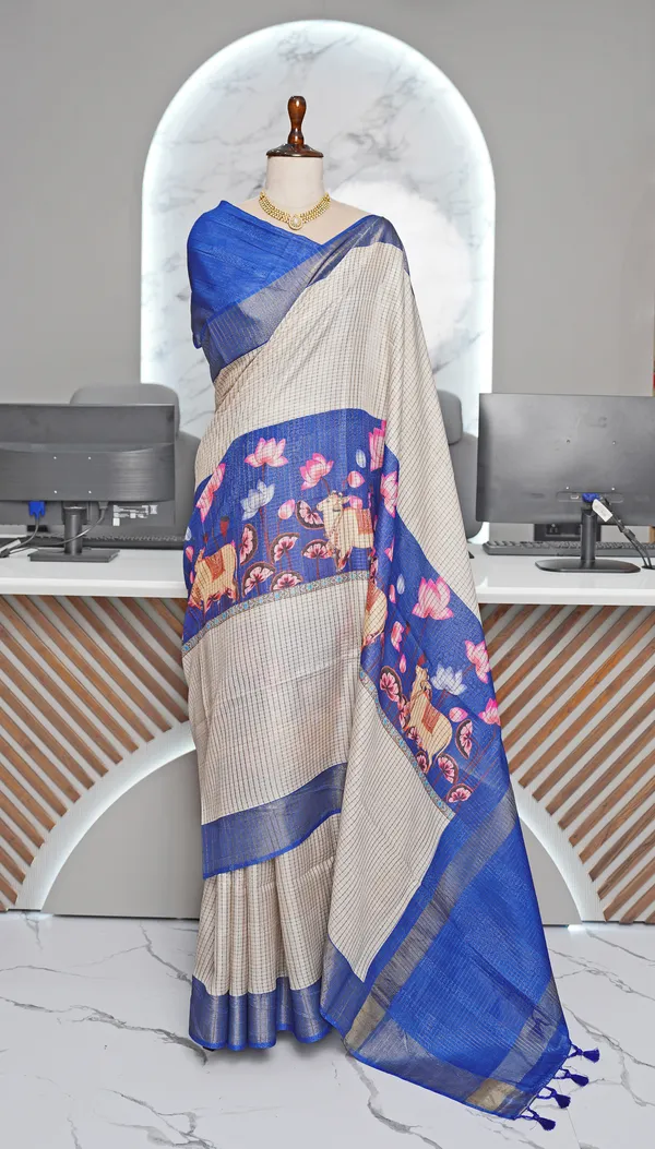 Soft_Tussar_Silk_sarees_with_Beautiful_Digital_Print_With_Attractive_Checks_Design_Saree_And_Digital_Print_Blouse_With_Tassels