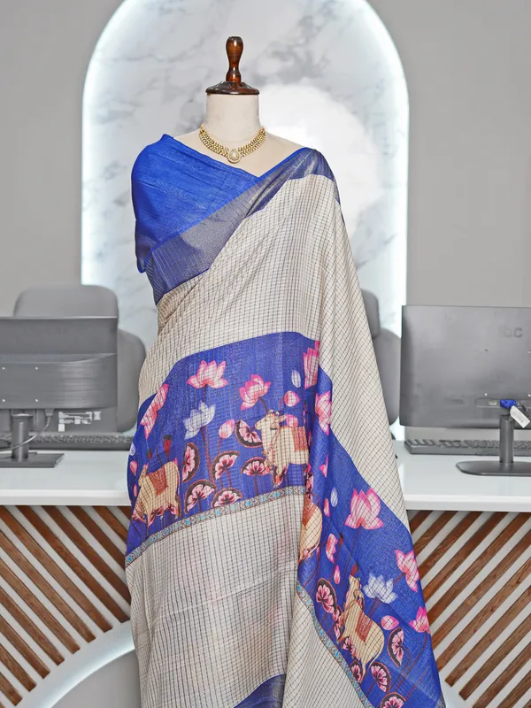 Soft_Tussar_Silk_sarees_with_Beautiful_Digital_Print_With_Attractive_Checks_Design_Saree_And_Digital_Print_Blouse_With_Tassels